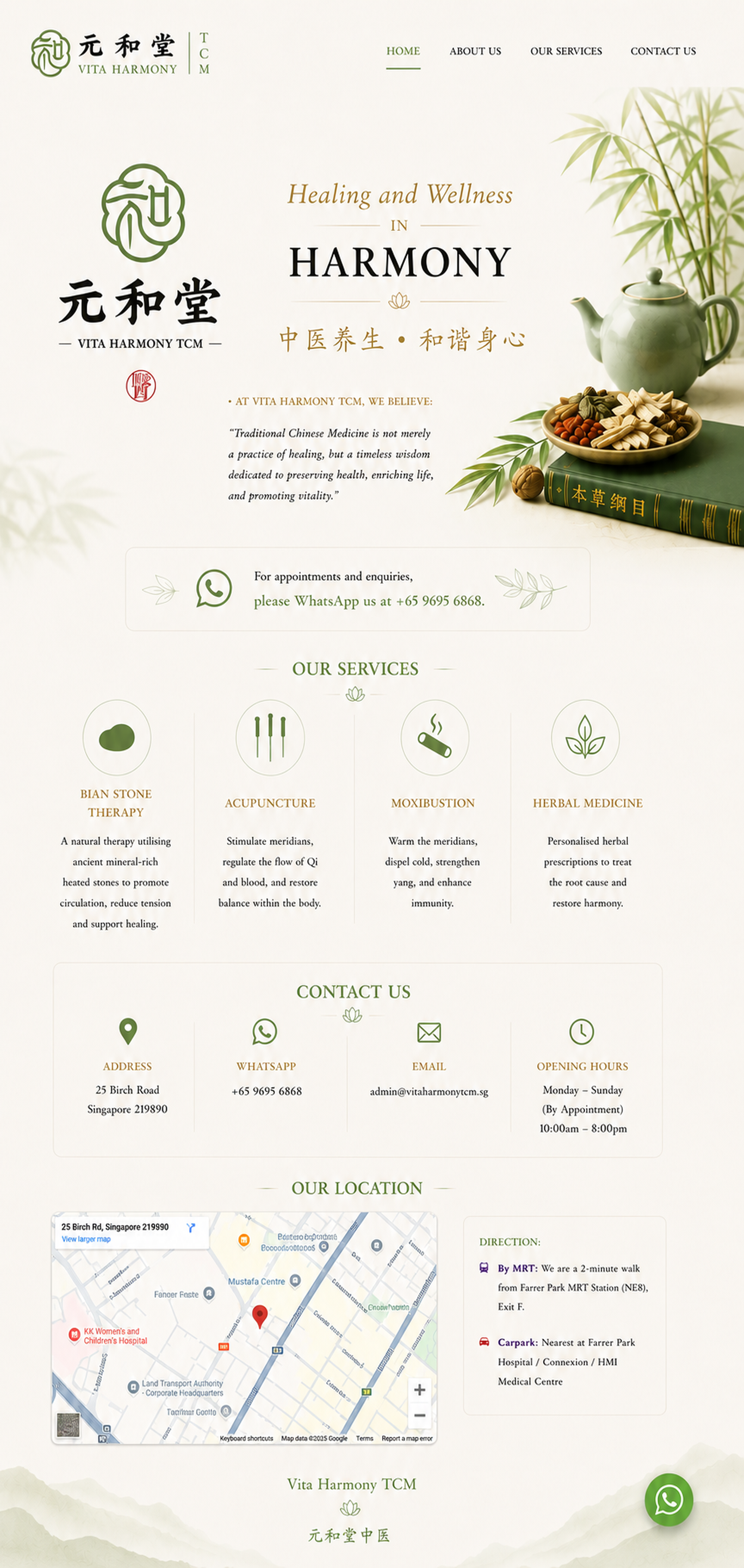 Vita Harmony TCM landing page with services, contact information and location